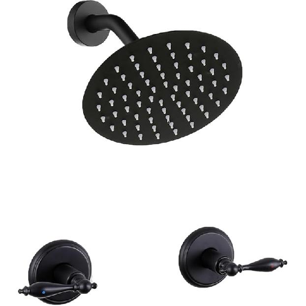 LIWEIKE 2 Handle Shower Faucet Set, Matte Black Two Handle Shower Faucet with 8 Inch Rain Shower Head Shower Faucet Set 2 Knobs, Wall Mounted 8 inch shower head