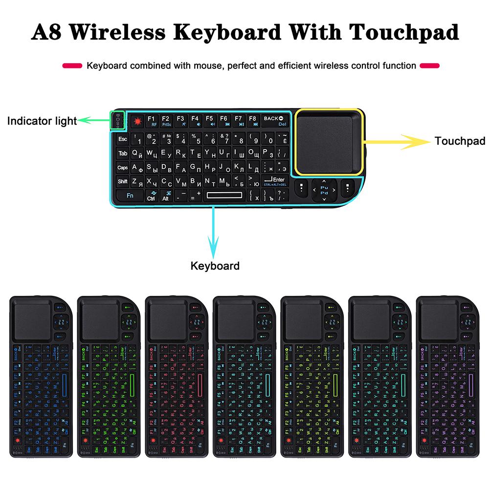A8 Mini Kablosuz Klavye 2.4G RF Arkadan Aydınlatmalı Dokunmatik Yüzey Rusça İngilizce Klavye USB Şarj Edilebilir Hava Fare PC Dizüstü Bilgisayar Akıllı TV Kutusu için