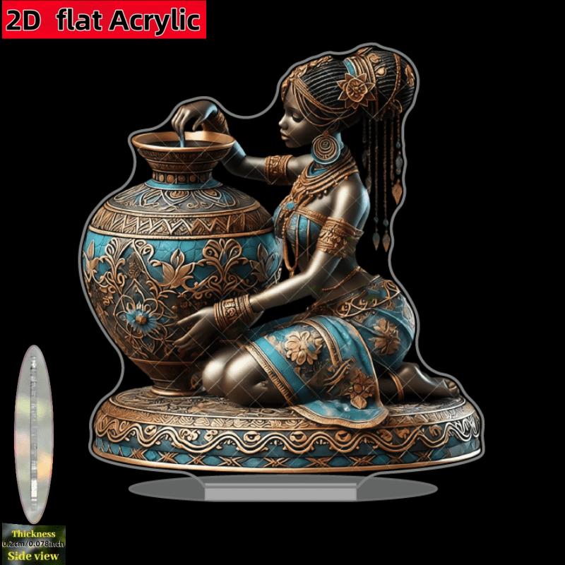 2D Flat African-Inspired Acrylic Desktop Decoration, Blue & Golden Floral Design, Suitable for wall Decoration, porch, Room, Villa, accents Home, Hall