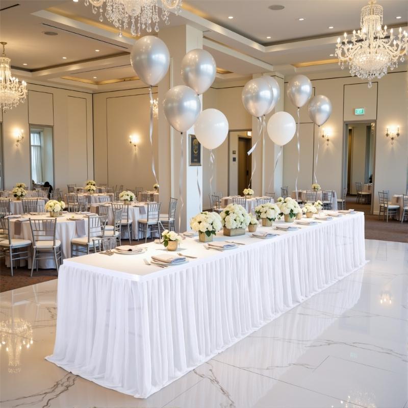 Pearls Tulle Banquets Table Cover Various Size Polyester Table Skirt Drape For Wedding Ceremony Celebration Decoration