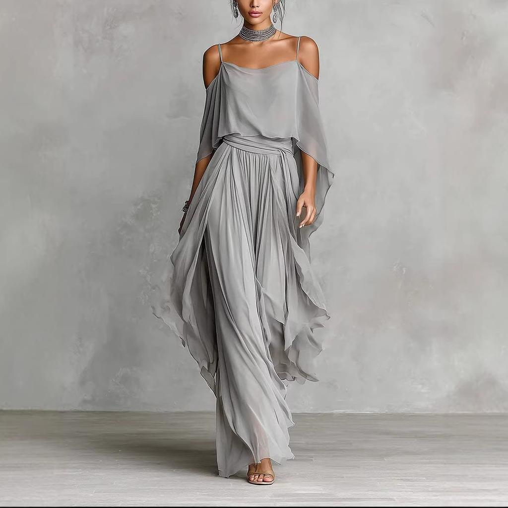 DM092 Amazon Unabhängige Station 20206 Neues Träger-Off-Shoulder Elegantes Blusenoberteil mit Chiffon Asymmetrisch Lang