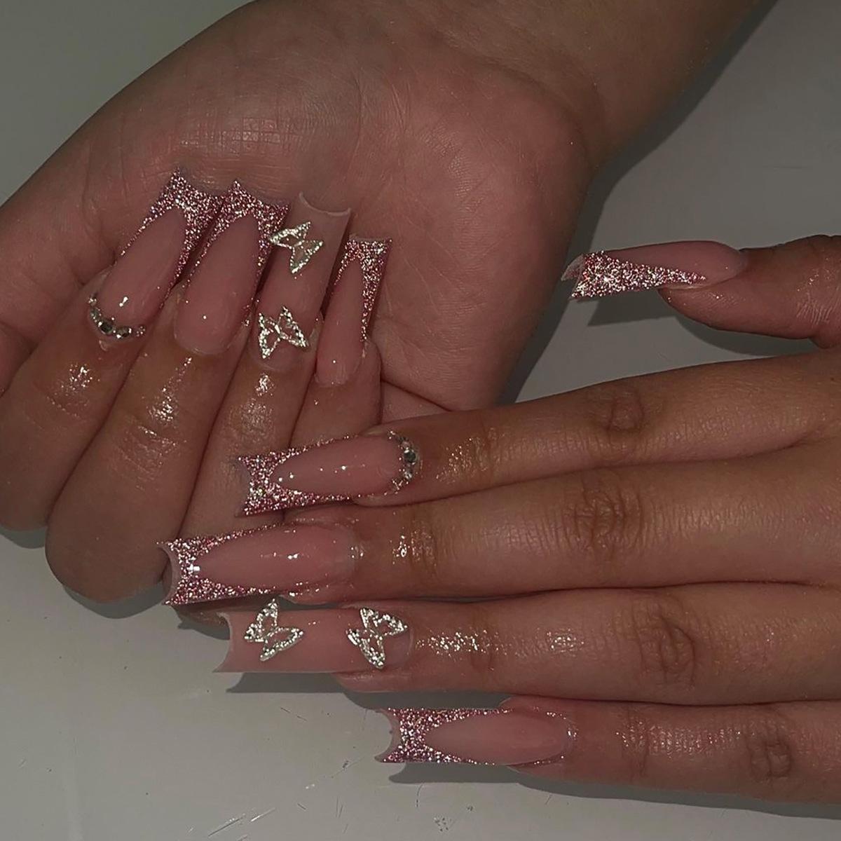 Средне-длинные квадратные накладные ногти с дизайном  Бабочка  и стикеры JP2788【Glue Type】