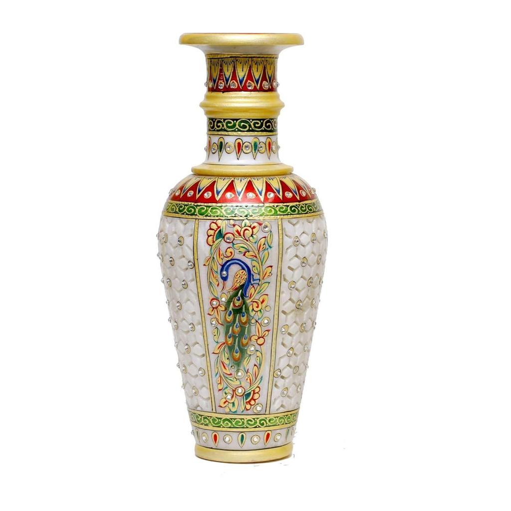 Designer Decorative Marble Flower Vase | Round Shape Peacock with Feathers Showpiece Vases for Home Decoration