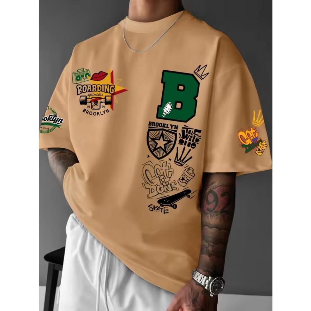 Summer Men's Fashionable Cartoon Letter Printed Breathable Round Neck T-shirt Outdoor Urban High Street Casual Top