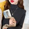 Pullover Female Velvet Half Turtleneck Striped Bottoming Shirt Women Long Sleeve All-match