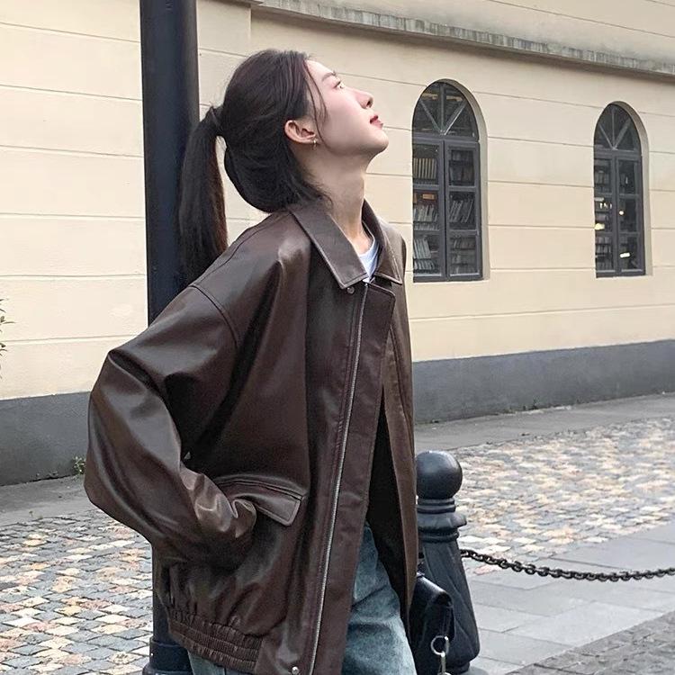 Retro Women's Short Brown Leather Motorcycle Jacket - Korean Style, Spring/Autumn, Small Size, Loose Fit