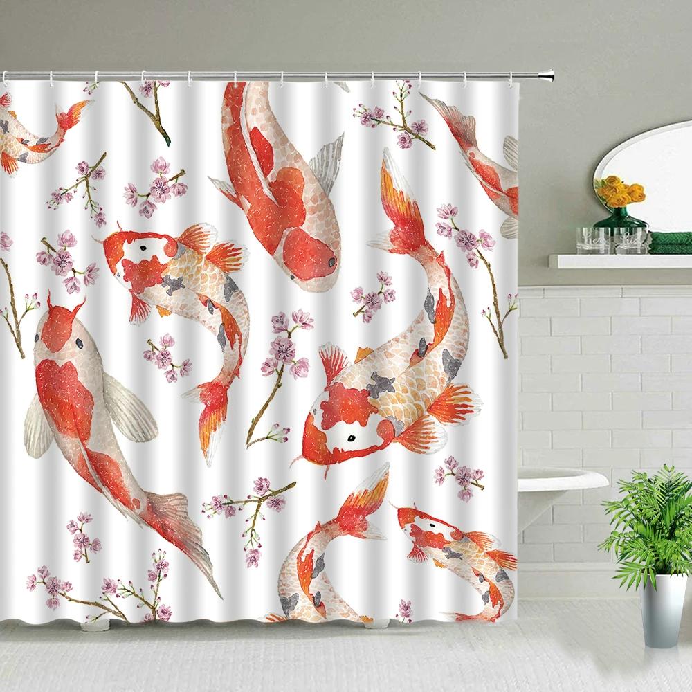 Modern Chinese Style Koi Fish Scenery Shower Curtain Bathroom Screen Waterproof Fabric Background Wall Decor Hanging Curtains