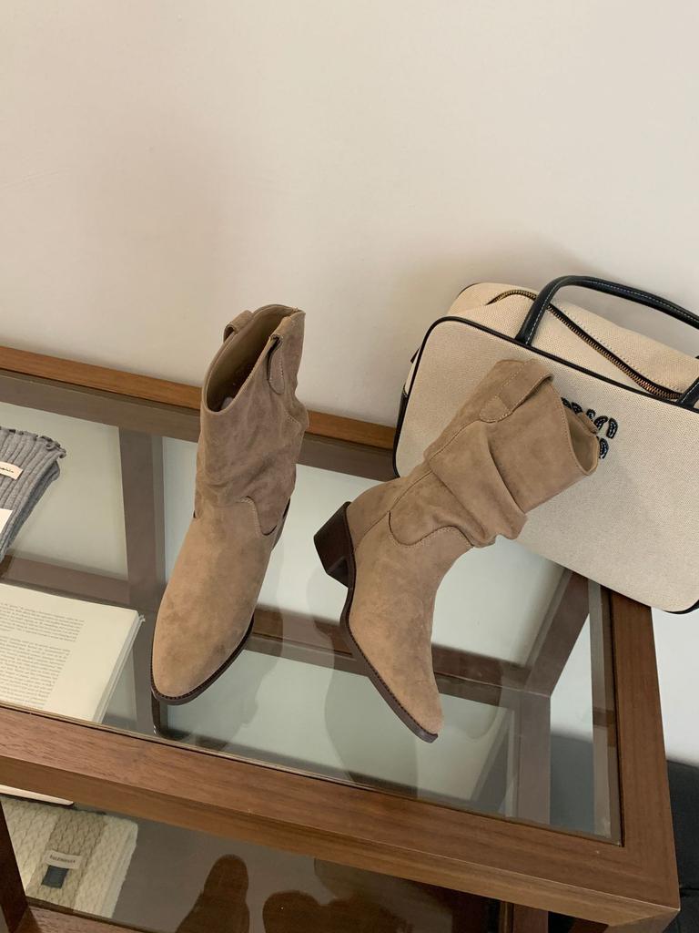 French retro suede stacking boots western cowboy boots women's 2025 autumn and winter new thick heel medium boots versatile short boots