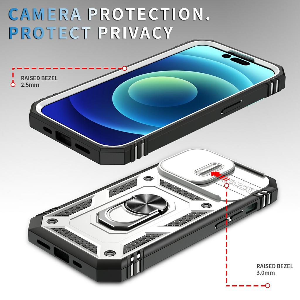 For iPhone 15 Pro Max Kickstand Case Card Holder PC+TPU Phone Cover with Sliding Camera Protection