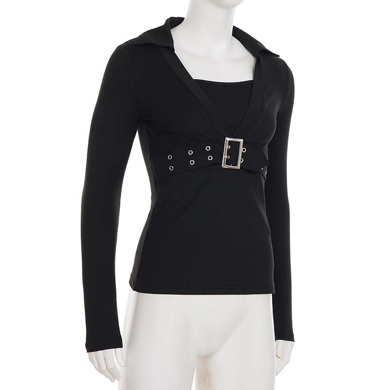 European-American Street Style Metal Buckle Solid Long Sleeve Slimming T-shirt