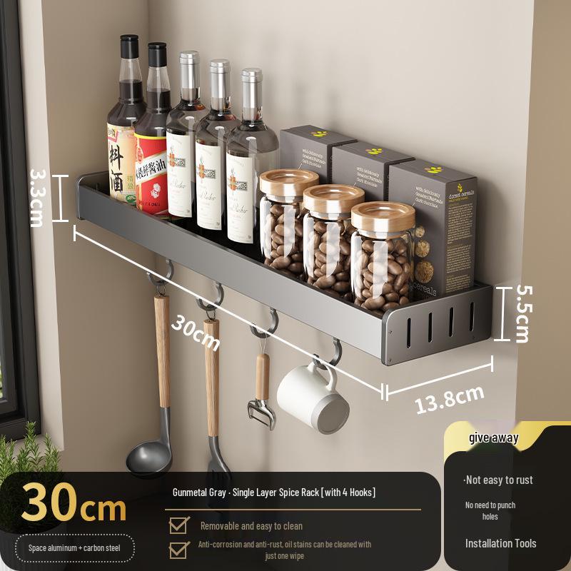 Gun Gray No-Drill Wall-Mounted Kitchen Storage Rack for Knives and Seasoning