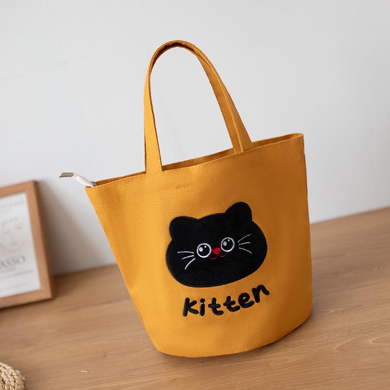 Women's Versatile Embroidered Canvas Tote Bag - Kitten Design, Handheld, Portable, Perfect for Moms or Lunch Storage