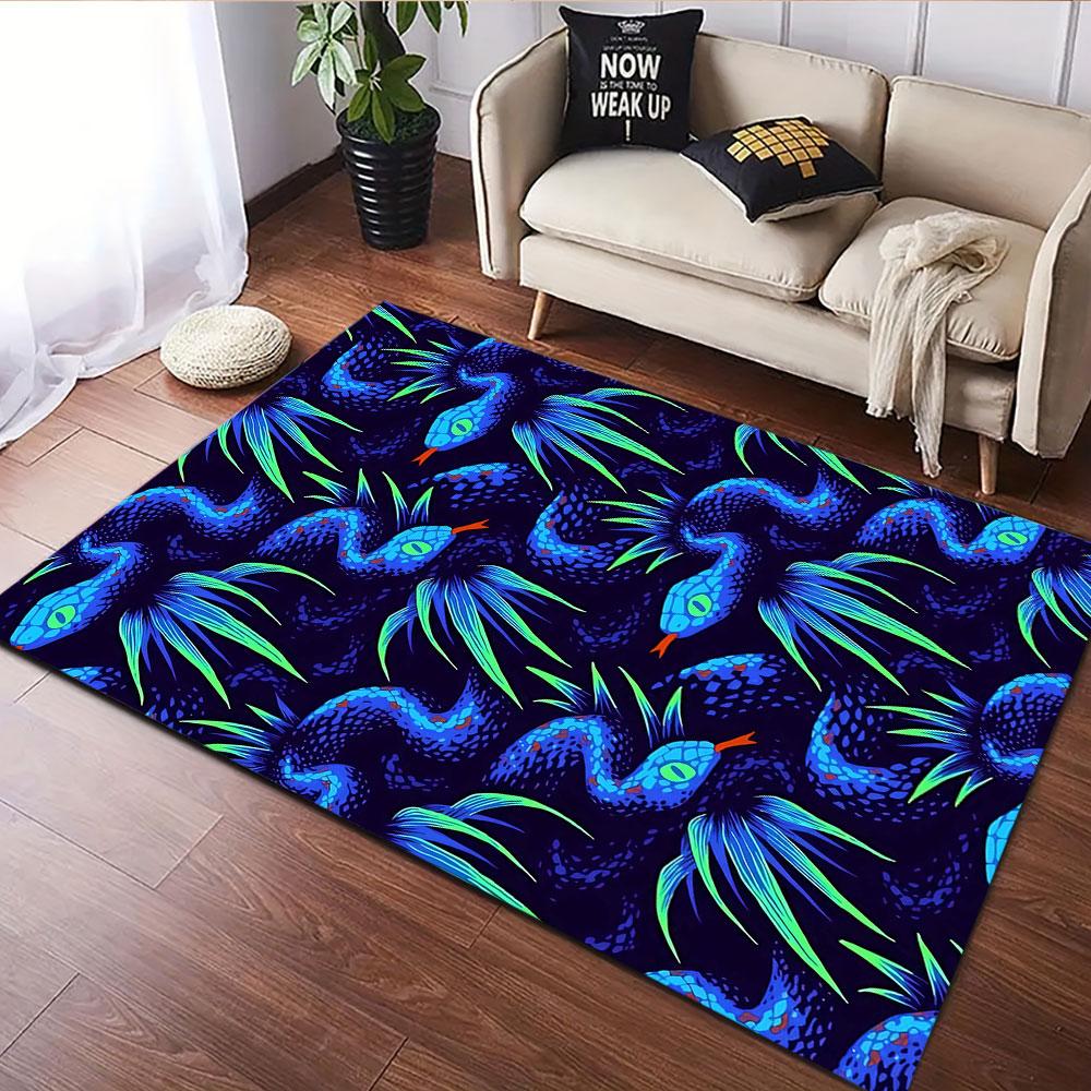 Neon Blue Serpents with Tropical Leaves Patterned carpet, suitable as a non slip play mat for the living room and bedroom sofa