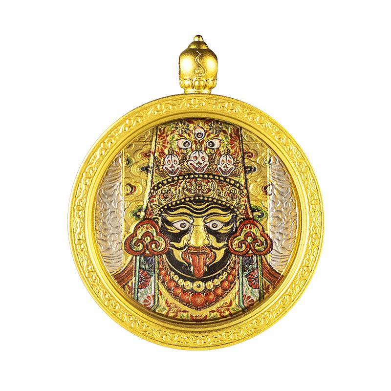 Authentic Brass Gold-Plated Double-Sided Glass Inlaid Zakira Ram Ga Wu Box Pendant Buddha Amulet Necklace