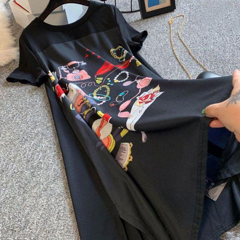 Damen Plus Size A-Linie Lockeres Kleid Schwarzes Langes T-Shirt Kleid Seidig Bequem