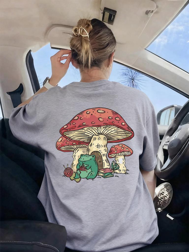 Frog Under Mushroom Printing TShirt Womens Basics Loose T Shirts ONeck Soft Short Sleeve Tops Summer Comfortable Woman Clothes