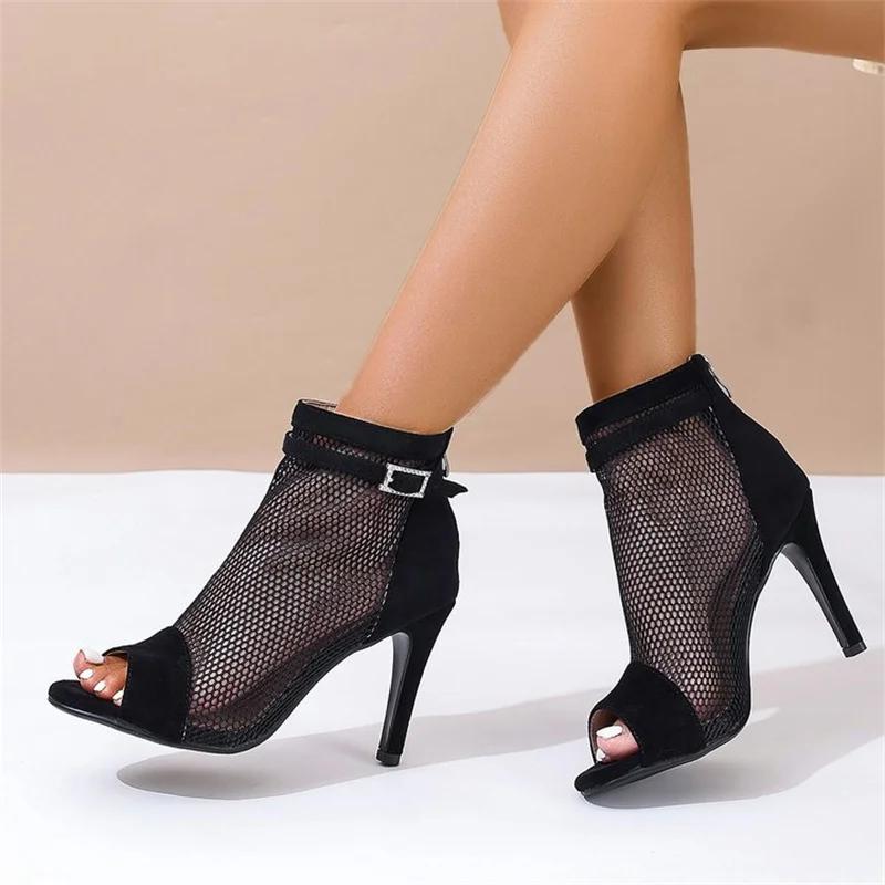 Móda 2025 Léto duté černé chladné boty štíhlé podpatky síťované boty rybí tlama odhalená špička vysoké podpatky síťované dámské boty taneční krátké boty