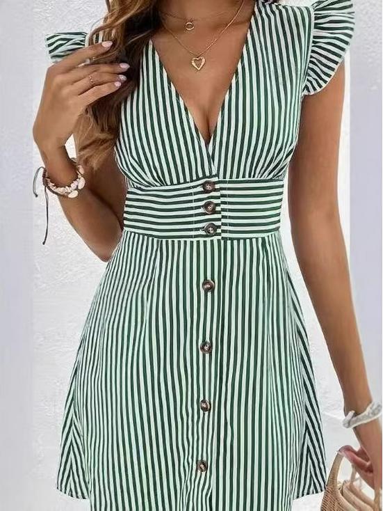 European American Women's Striped V-Neck Flutter Sleeve Dress - Summer Fashion 