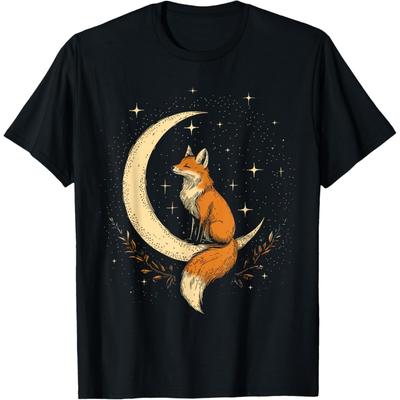 Vintage Celestial Fox Moon Floral Mystical Crystals Witchy T-Shirt
