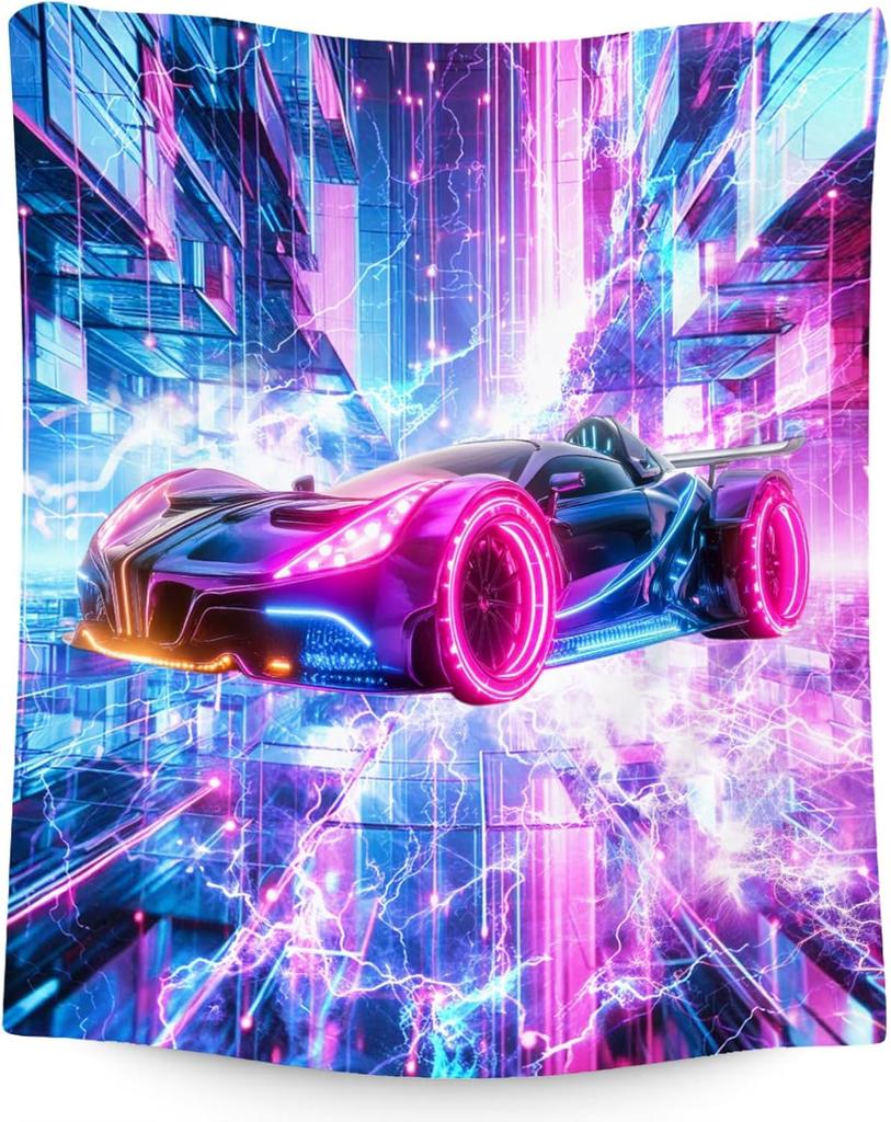 Neon Monster Truck Wandteppich Cyberpunk Stadt Kunst Elektrischer Blitz Urbanes Wandbehang Garage Dekoration Futuristisches Fahrzeug Schlafzimmer Kunst