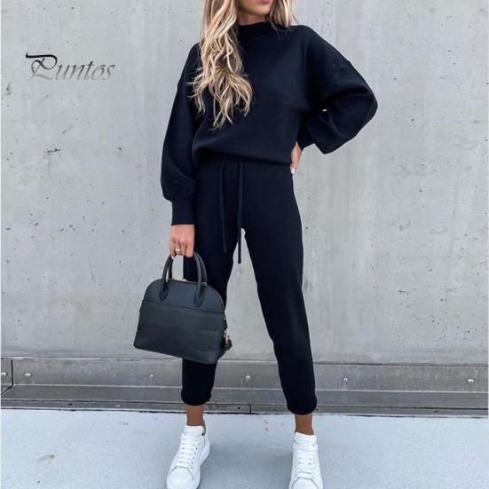 Solid Color 2 Pcs/Set Women Tracksuit Loose Half Turtleneck Casual Elastic Waist Keep Warm Drawstring Sportwear Sweatshirt Sweatpants Suit