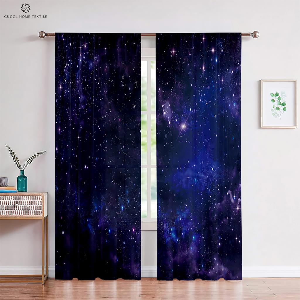 Vorhang mit Sternenhimmel-Landschaftsdruck, Stangentasche, Dekorativ, Schlafzimmer, Wohnzimmer, Arbeitszimmer, Maßanfertigung, 2 Stück