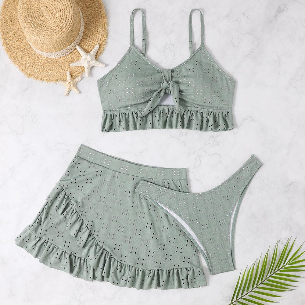 Multi-color Korean New Solid-color Girl Swimsuit Pure Desire Wind Bath Hot Spring Three-piece Skirt Split Bikini