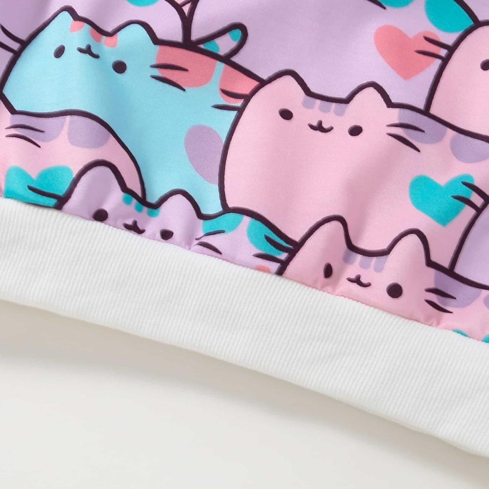 2-7 Years Kids Girl Round Neck Sweatshirt Cute Cat Full Print Long Sleeve Top Shirts