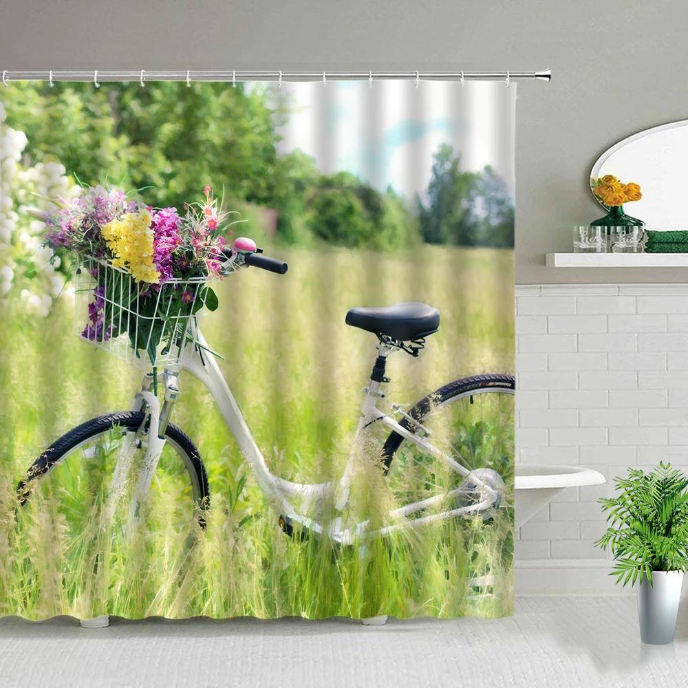 Retro Old Street Building Bicycle Landscape Shower Curtains European Style Poster Bathroom Curtain Waterproof Fabric With Hooks