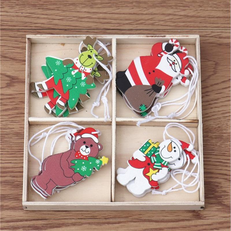 Box with 12 Pieces of Wood Colored Pendant Christmas Gift Box with Painted Christmas Tree Pendant Decorations