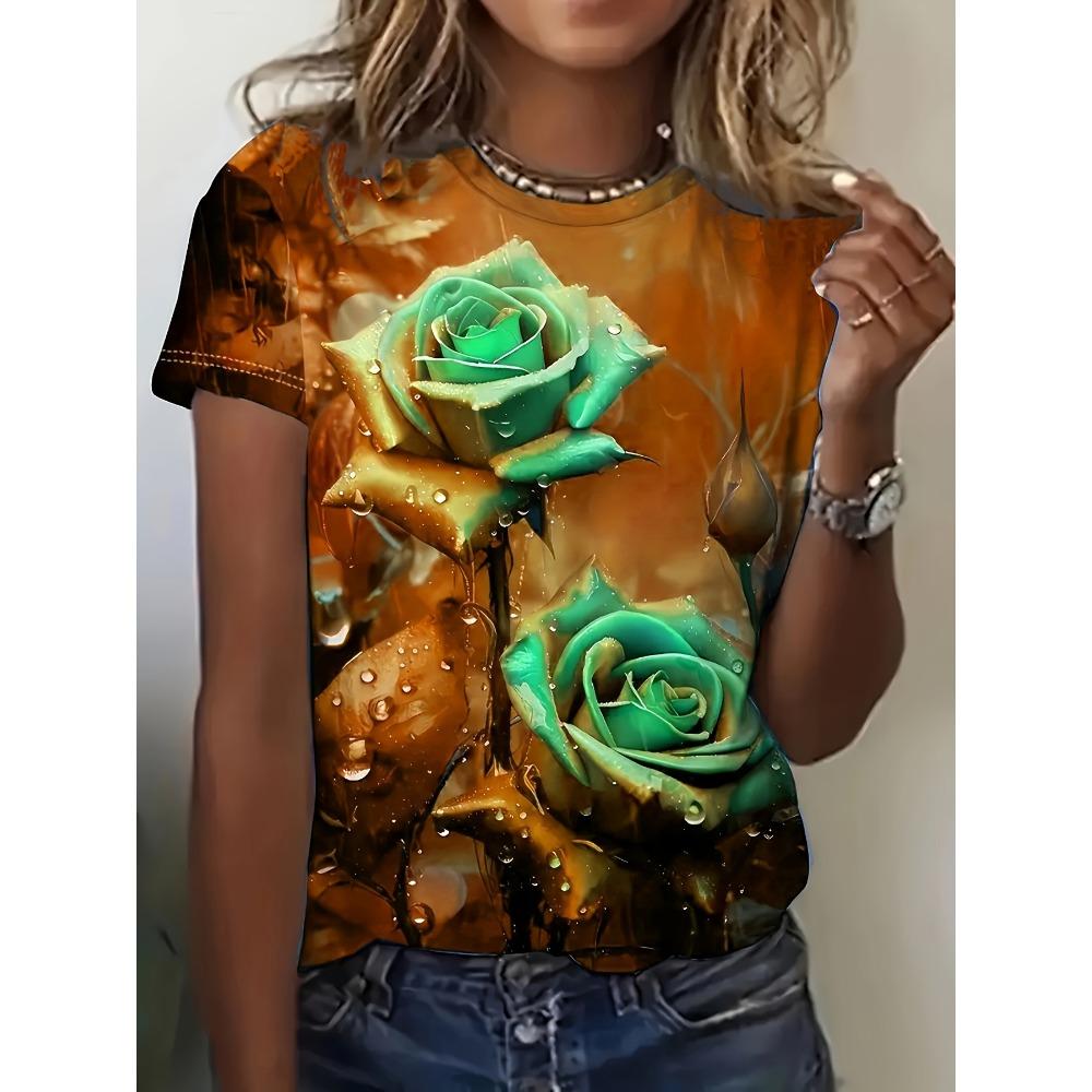 Türkis-Lila Damen-T-Shirt - Taufrische Rose Grafik, Lebendiges Florales Print-Design für Lässige Alltagsmode