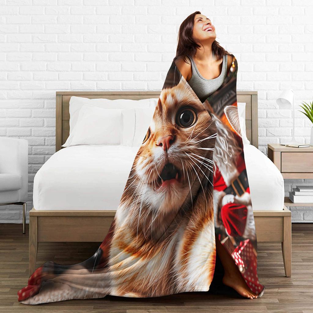 Cat Selfie with Santa Warm Soft Blanket  Kids Adult Plush Throw Blanket Fashion Couch Chair Flannel Bedspread Sofa Bed Cover