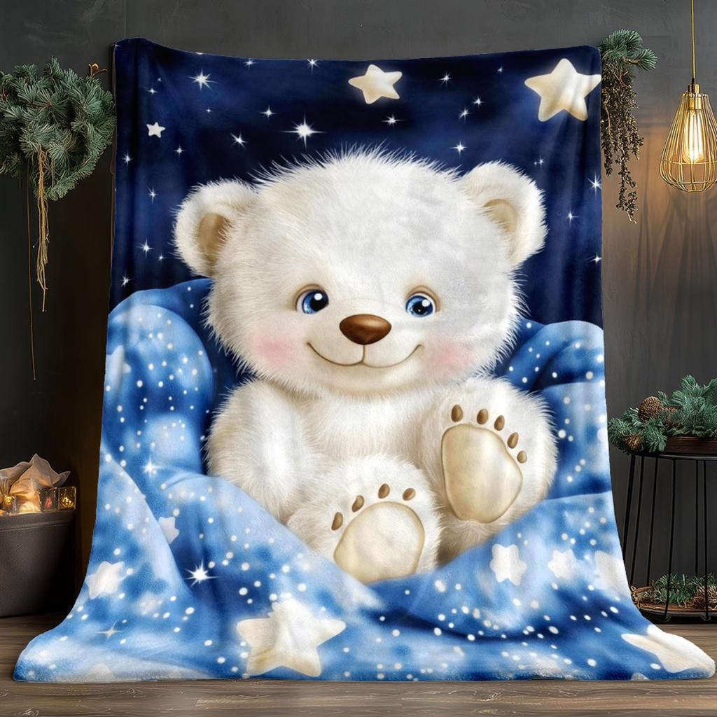 Cute White Bear Starry Night Throw Blanket Sparkle Stars Sweet Wildlife Art Charming Warm Cover For Sofa Canopy Chair