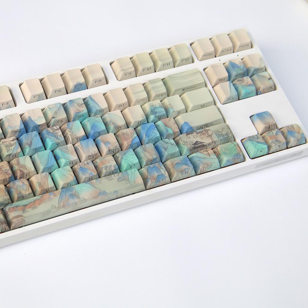 Qianli Jiangshan Keycaps Chinese Style Ancient Oil Painting Style Keycaps Side Engraved Translucent Original Pbt Keycaps 120Keys