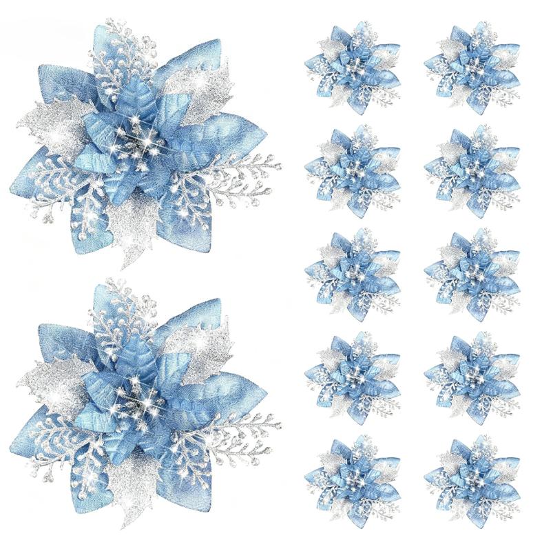 12pcs Glitter Pink Artificial Poinsettia Flowers, Plastic Vine Christmas Tree Decorations - Holiday Party Supplies & Seasonal