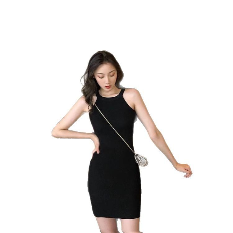 Summer Black Slim-fitting Neck-hanging Knitted Dress Women's Tight Hip-wrapped Skirt Sexy French Temperament Spice Girl Short Skirt