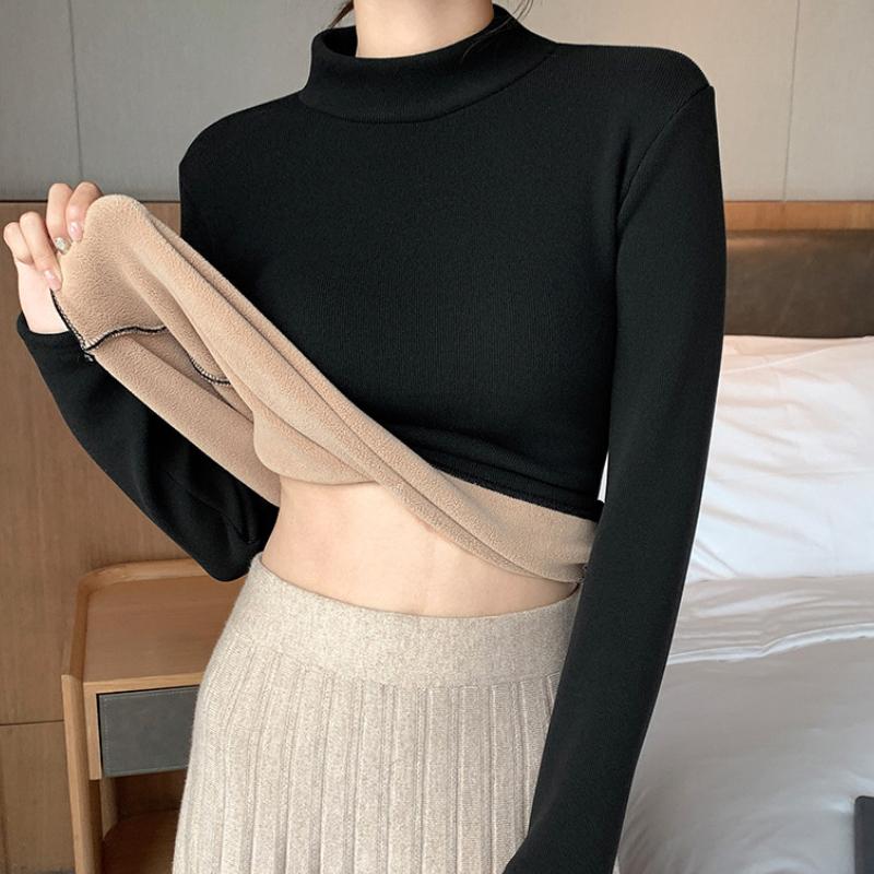Half High Neck Solid Color Women's Base Shirt Warm Long Sleeved Top