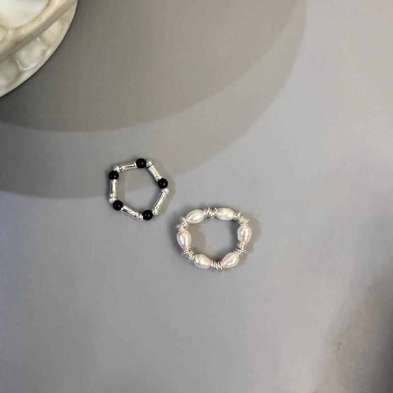 Korean Trendy Pearl And Silver Geometric Stretch Bracelet Ring For Women Fashionable Luxury Accessory