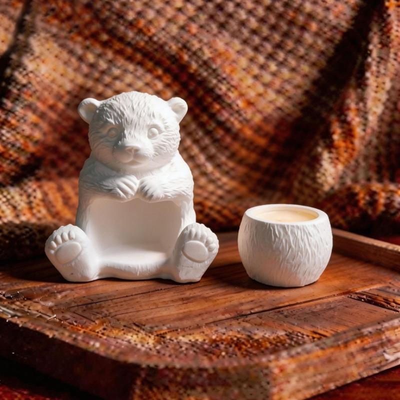 Bear Figurine Silicone Molds For Making Candle Soap and Concrete Planter Includes Circular Candle Cup Silicone Mould