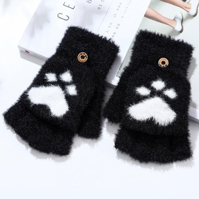 Thicken Women Warm Cat Gloves  Girls Cat Claw Paw Plush Mittens Soft Plush Short Fingerless Half Finger Winter Gloves