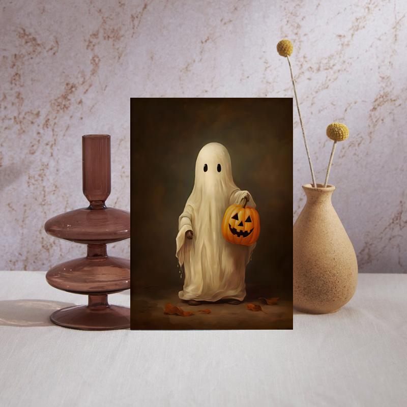 with Wooden Frame - Halloween Modern Art Canvas Poster - Cute Ghost Face Ghost Pumpkin Poster New Year Easter Gift