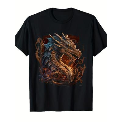 Europäische Größen Herren Vintage Drachen Grafik T-Shirt, Bequemes Lässiges Kurzarm Rundhals Shirt für Freizeitkleidung