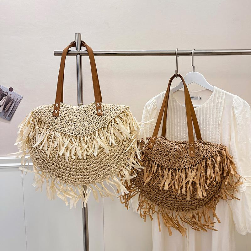 Geantă de umăr tricotată elegantă pentru femei cu ciucure, geantă împletită ajurată, rezistentă la uzură, țesută manual, geantă de plajă, genți shopper