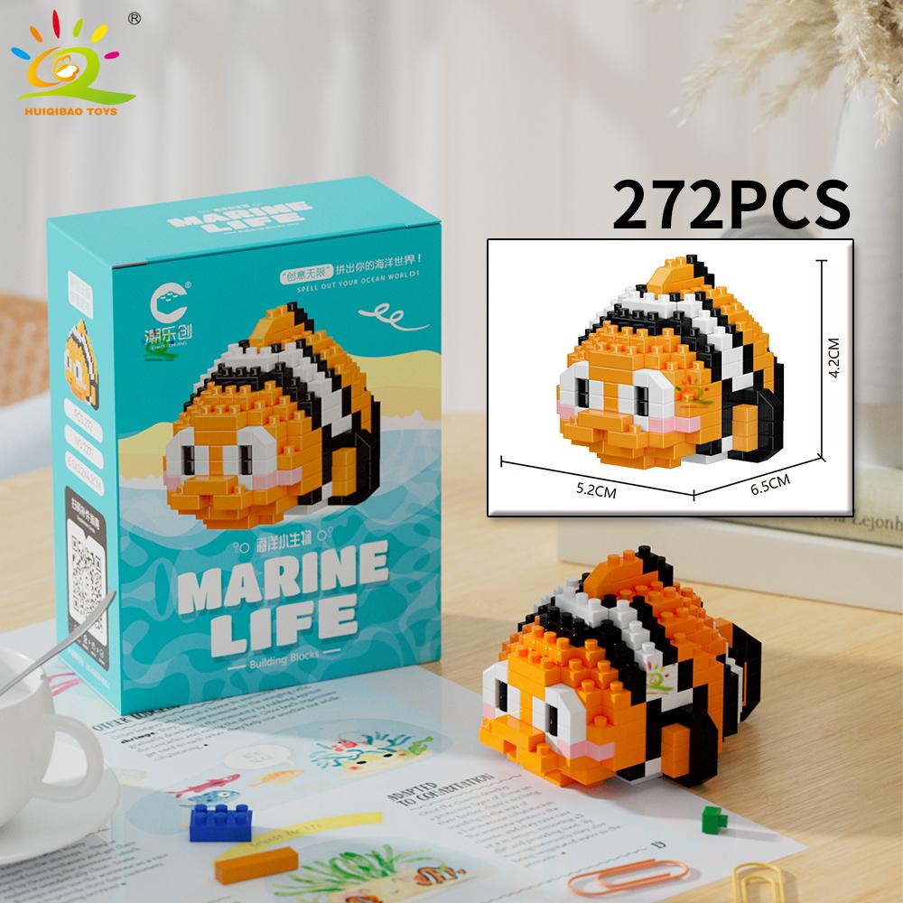 HUIQIBAO Mini Cute Shark Turtle Crab Sealife Animal Micro Building Block 3D Diamond Model Brick DIY City Toys for Children Kids