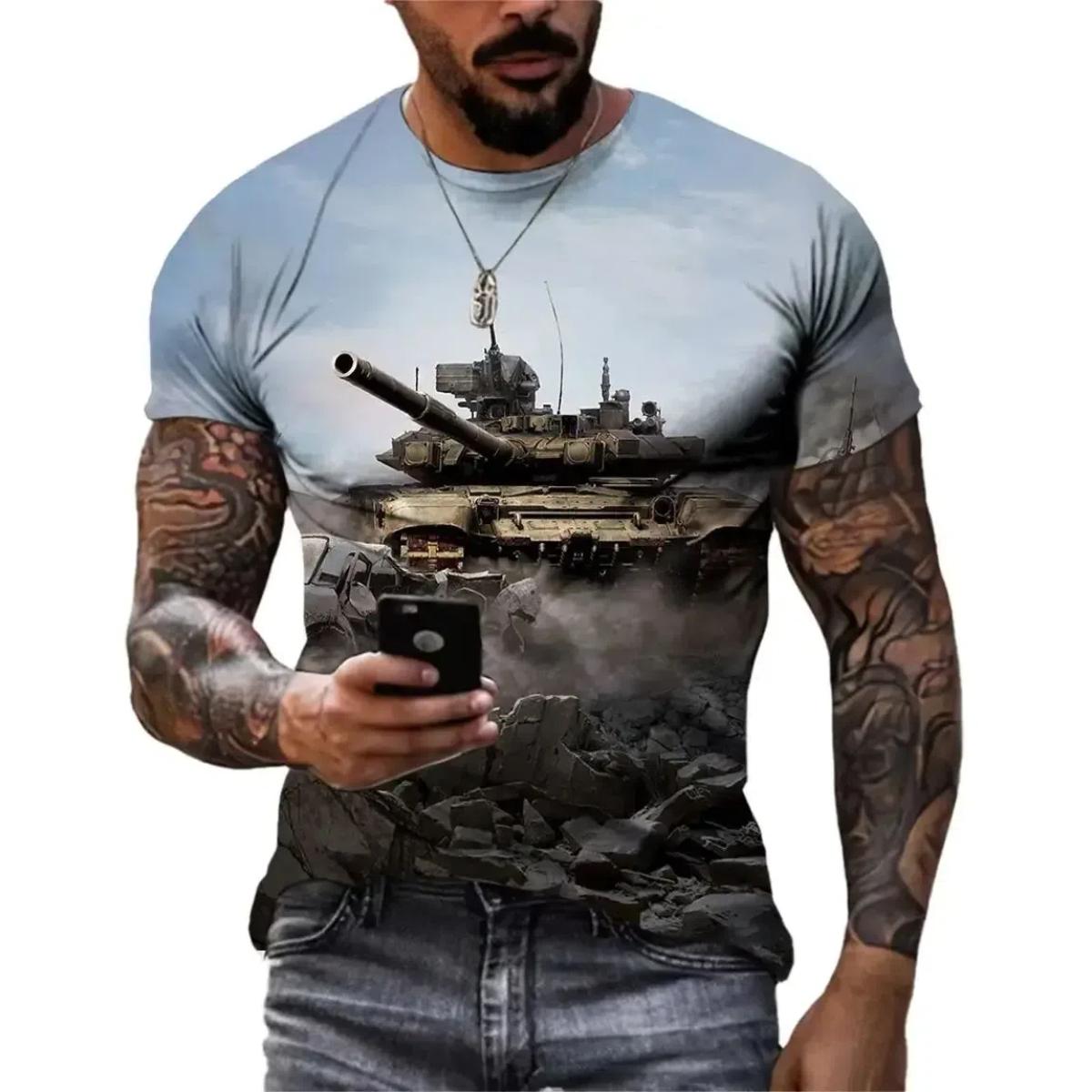 

Летний мужской прочный уличный стиль, 3D-принт, армейский танк, военный узор, О-образный воротник, короткий рукав, тренд, свободный, большого размера, дышащий топ 4XL