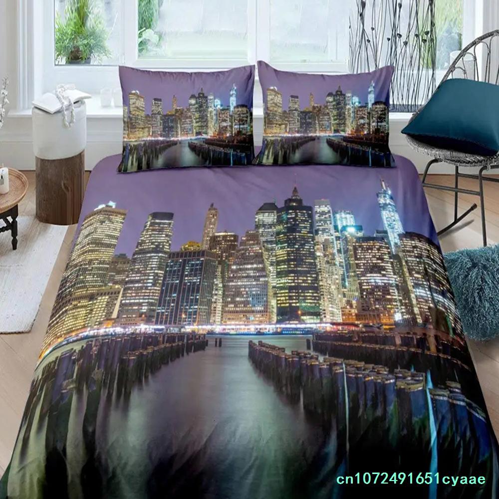 Souprava povlaku na přikrývku Cityscape Pohled na New York v noci Povlak na přikrývku pro chlapce dospělé Mikrovlákno Budovy Ložní souprava 2/3 ks Velikost King