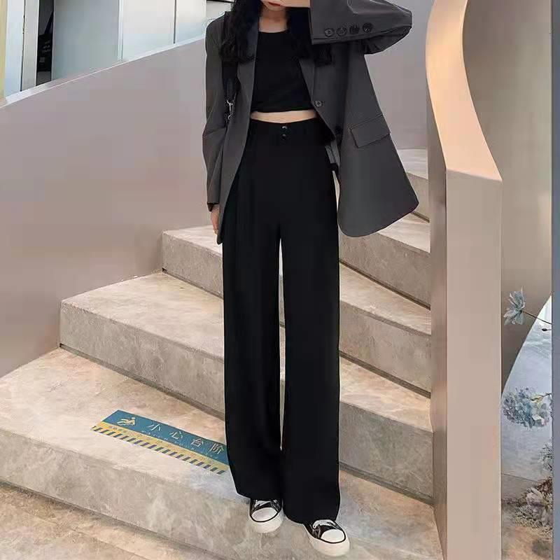 Gray High-Waisted Wide-Leg Pants for Women - Spring Plus Size, Drapey Straight Casual Suit
