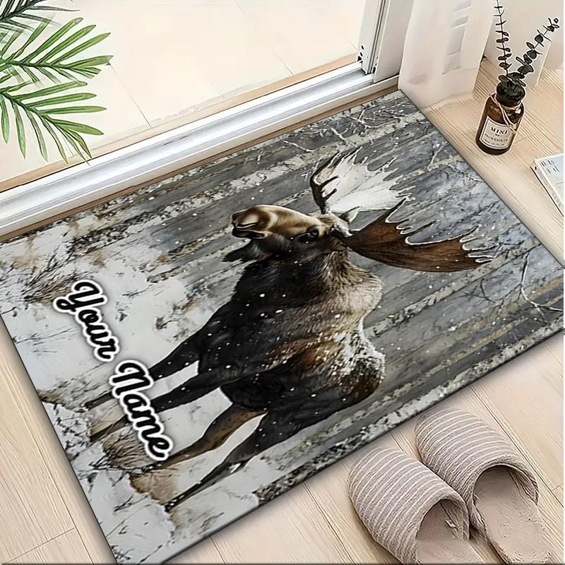 1PC Custom Name Moose Winter Forest Theme Floor Mat Ideal for Living Room, Game Rooms, Office, Bedroom,Floor Mat Playful Design