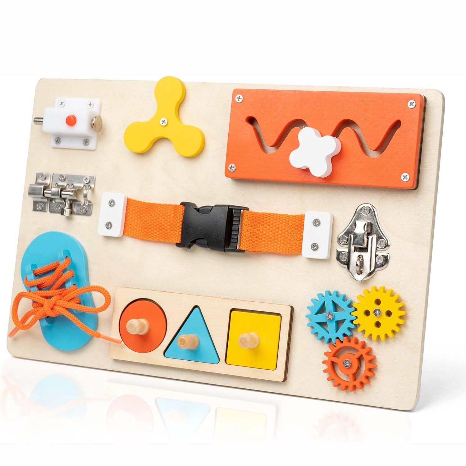 

Montessori Busy Board for Toddlers Wooden Activity Sensory Board for Fine Motor Skills Travel Educational Learning Toys for Kid оранжевый