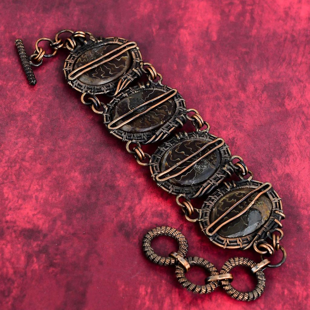 Ammonite fossil bracelet copper wire wrapped bracelet adjustable chain handmade bracelet copper jewelry engagement gifts gemstone bracelet